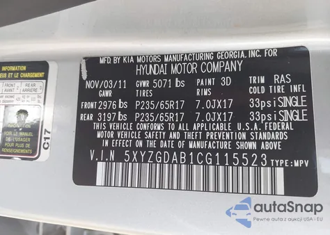 2012 Hyundai Santa Fe Gls из США, поврежденный, VIN 5XYZGDAB1CG115523